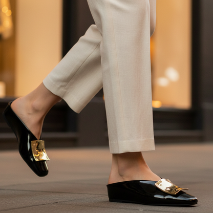 Elegant Leather Mule Flats for Women with Square Toe Gold Buckle Backless Slip On Style