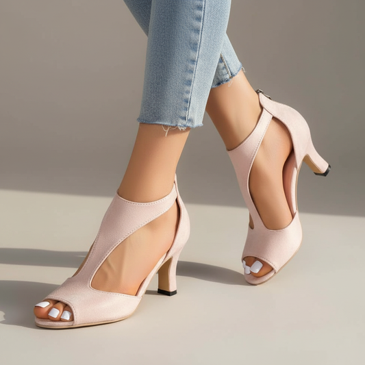 Elegant Cutout Peep Toe Heeled Sandal for Women with T Strap Ankle Zip Stiletto Style