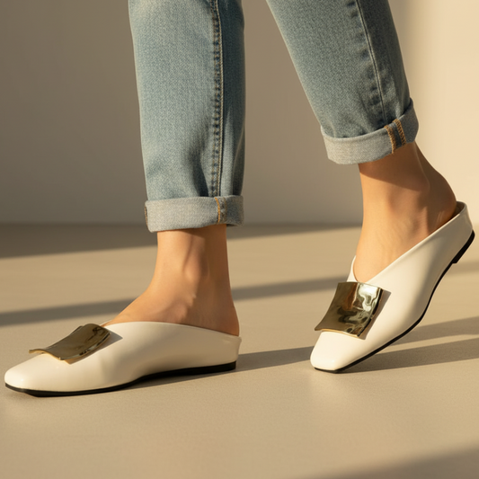 Elegant Leather Mule Flats for Women with Square Toe Gold Buckle Backless Slip On Style