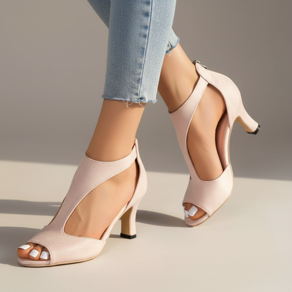Elegant Cutout Peep Toe Heeled Sandal for Women with T Strap Ankle Zip Stiletto Style