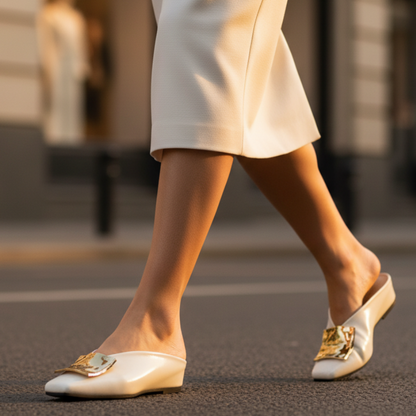 Elegant Leather Mule Flats for Women with Square Toe Gold Buckle Backless Slip On Style