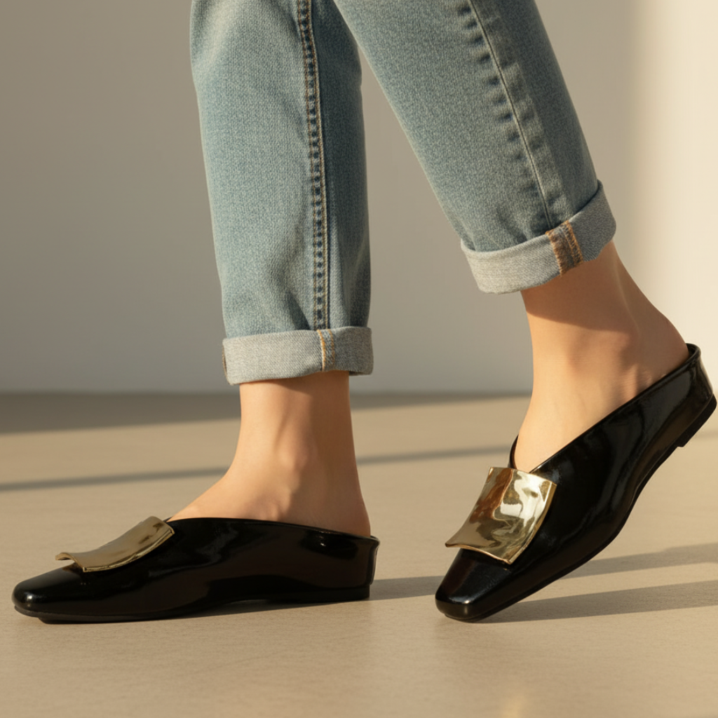 Elegant Leather Mule Flats for Women with Square Toe Gold Buckle Backless Slip On Style