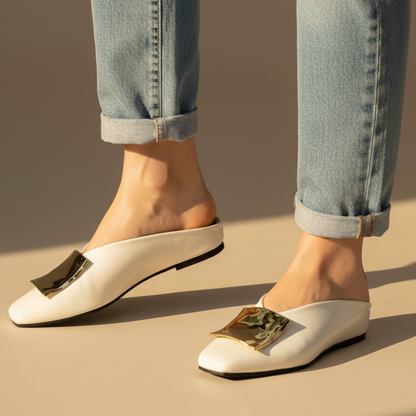 Elegant Leather Mule Flats for Women with Square Toe Gold Buckle Backless Slip On Style