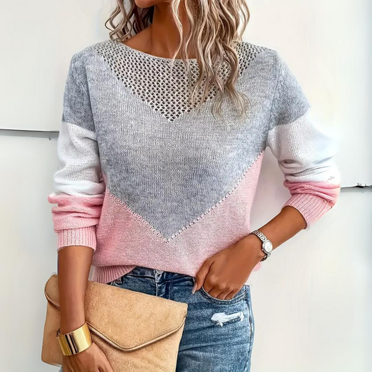 Comfortable Pink Grey Colorblock Sweater for Women with Round Neck Long Sleeve Crochet Yoke Knit Style