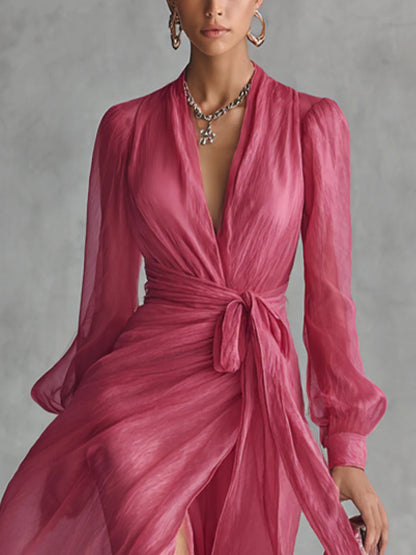 Elegant Pink Chiffon Maxi Dress for Women with V Neck Bishop Sleeve Wrap Tie Waist High Slit Flowing Style