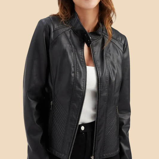 Elegant Faux Leather Moto Jacket for Women with Stand Collar Long Sleeve Quilted Zip Front Style