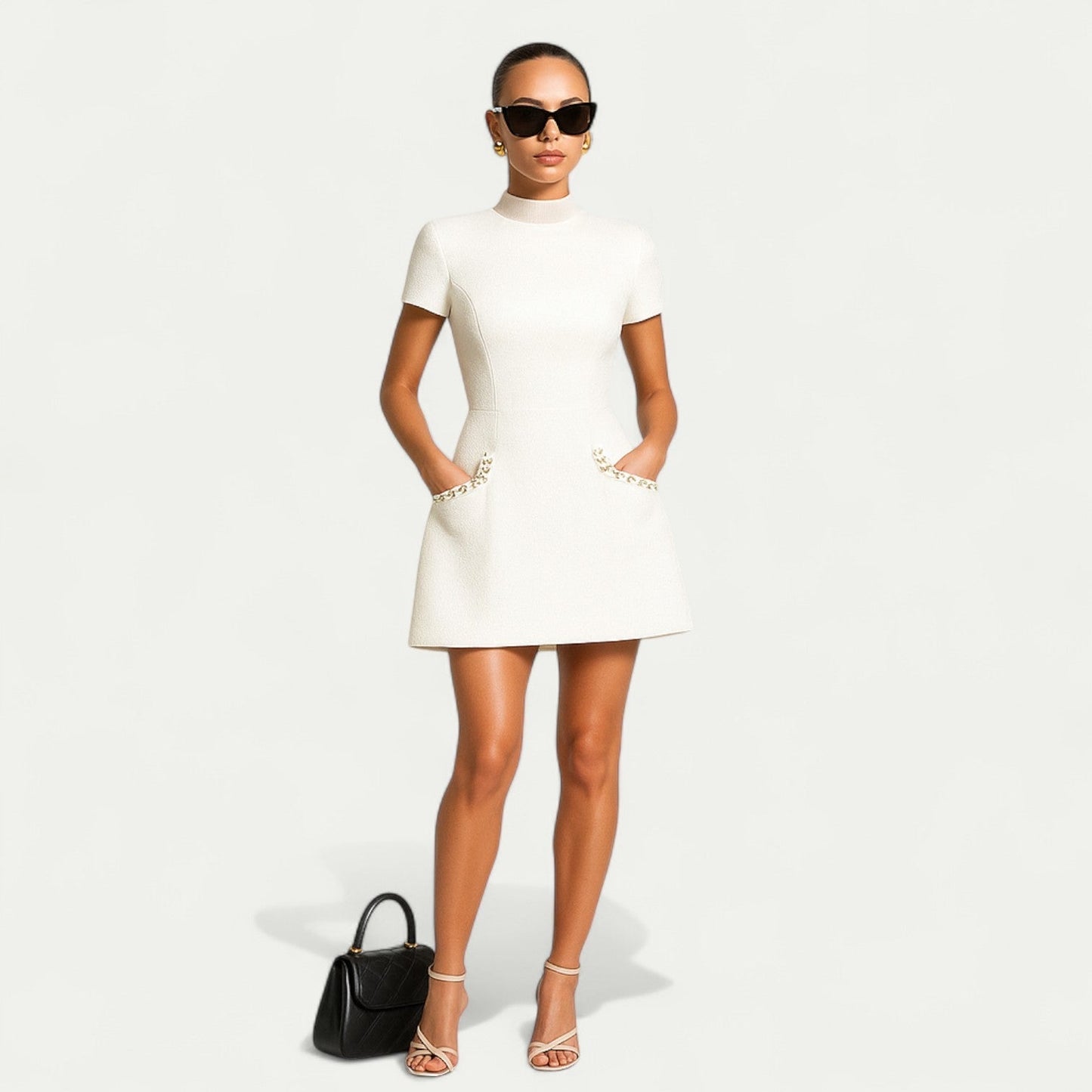 Elegant Tweed Mini Dress for Women with Pearl Embellished Neck Short Sleeve Bodycon Cocktail Style