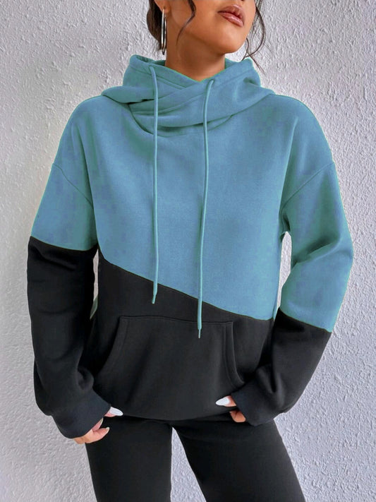 Comfortable Colorblock Hoodie for Women with Cowl Neck Long Sleeve Drawstring Oversized Knit Style