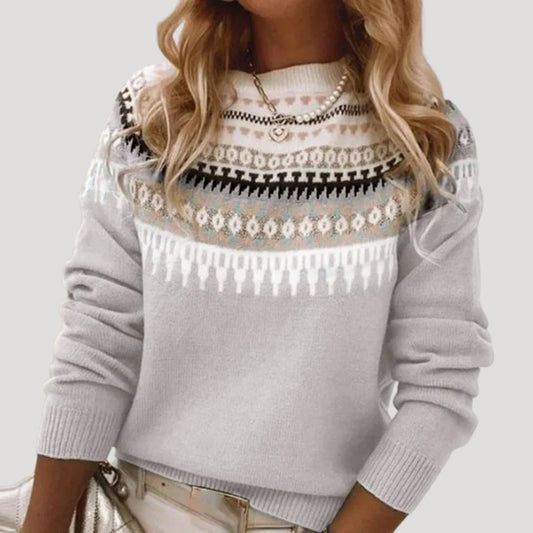 Comfortable Fair Isle Sweater for Women with Round Neck Long Sleeve Relaxed Oversized Knit Style