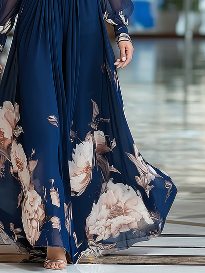 Elegant Navy Floral Maxi Dress for Women with V Neck Long Sleeve Sheer Ruched Waist Flowing Wedding Guest Style
