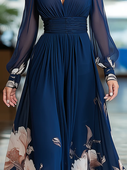 Elegant Navy Floral Maxi Dress for Women with V Neck Long Sleeve Sheer Ruched Waist Flowing Wedding Guest Style