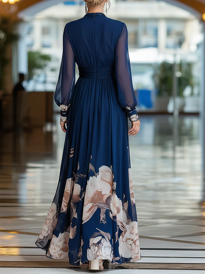 Elegant Navy Floral Maxi Dress for Women with V Neck Long Sleeve Sheer Ruched Waist Flowing Wedding Guest Style