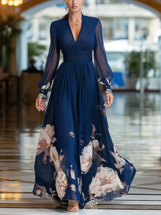 Elegant Navy Floral Maxi Dress for Women with V Neck Long Sleeve Sheer Ruched Waist Flowing Wedding Guest Style