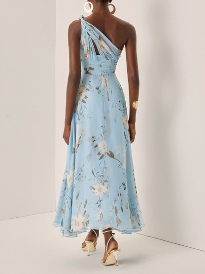 Elegant Light Blue Floral Maxi Dress for Women with One Shoulder Ruched Flowing Formal Wedding Guest Style