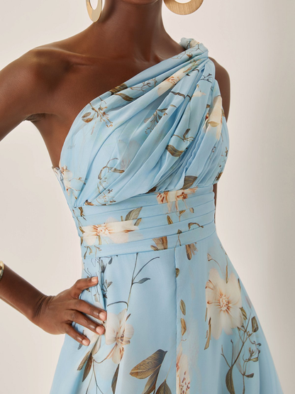 Elegant Light Blue Floral Maxi Dress for Women with One Shoulder Ruched Flowing Formal Wedding Guest Style