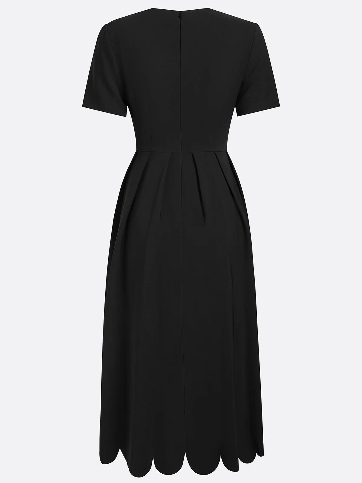 Elegant Black Midi Dress for Women with Scalloped Sweetheart Neckline Short Sleeve Fit and Flare Cocktail Style