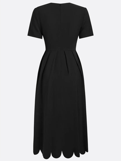 Elegant Black Midi Dress for Women with Scalloped Sweetheart Neckline Short Sleeve Fit and Flare Cocktail Style