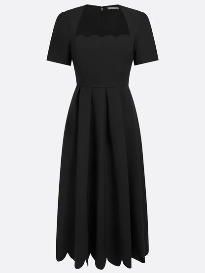 Elegant Black Midi Dress for Women with Scalloped Sweetheart Neckline Short Sleeve Fit and Flare Cocktail Style
