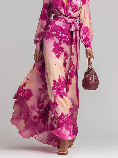 Effortless Rose Red Floral Maxi Dress for Women with V Neck Long Sleeve Wrap Tie Flowing Bohemian Style