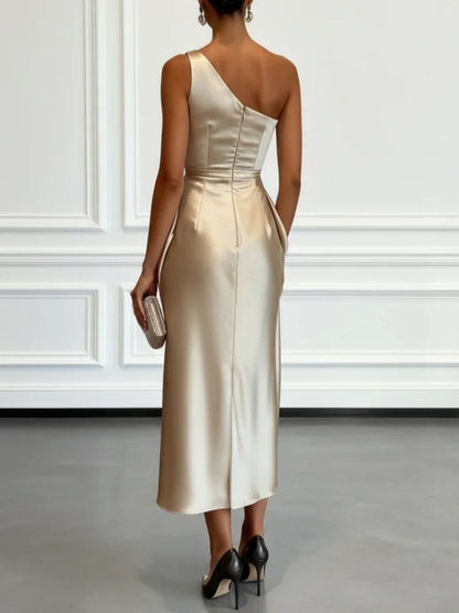 Elegant Satin Midi Dress for Women with One Shoulder Ruched Draped Sheath Formal Style