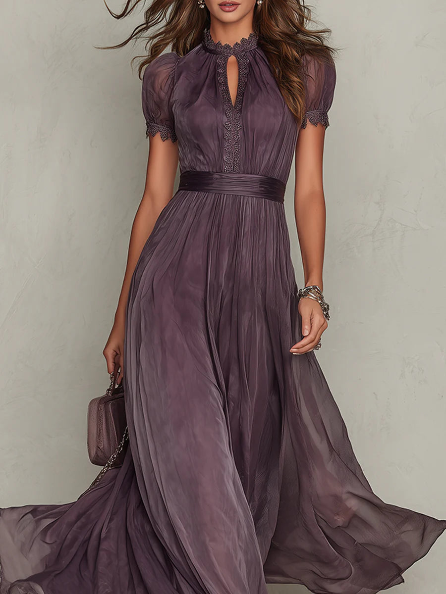 Elegant Ombre Chiffon Maxi Dress for Women with High Neck Puff Sleeve Keyhole Lace Trim Flowing Style