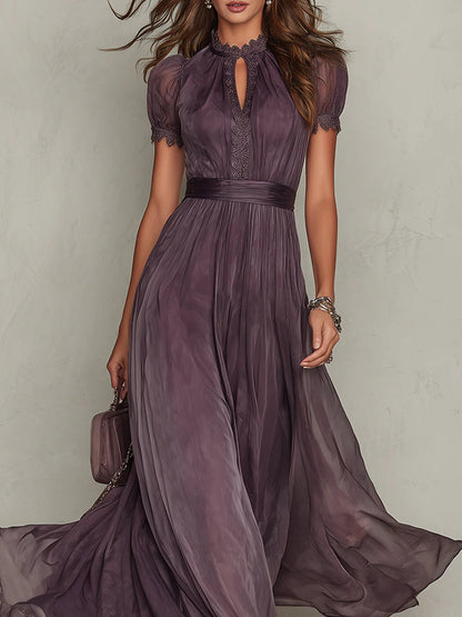 Elegant Ombre Chiffon Maxi Dress for Women with High Neck Puff Sleeve Keyhole Lace Trim Flowing Style