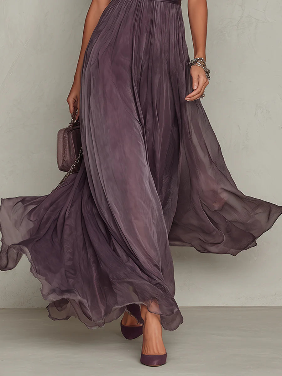 Elegant Ombre Chiffon Maxi Dress for Women with High Neck Puff Sleeve Keyhole Lace Trim Flowing Style