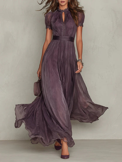 Elegant Ombre Chiffon Maxi Dress for Women with High Neck Puff Sleeve Keyhole Lace Trim Flowing Style