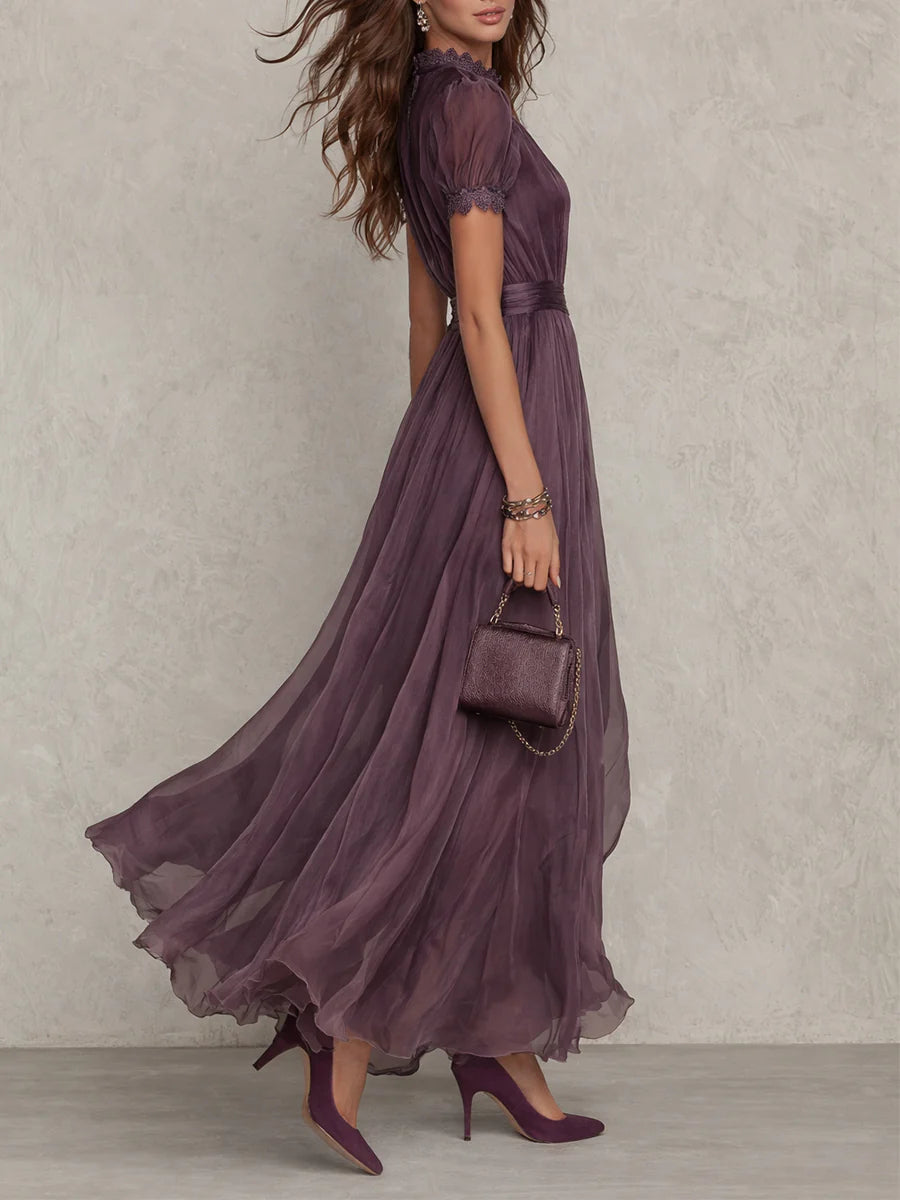 Elegant Ombre Chiffon Maxi Dress for Women with High Neck Puff Sleeve Keyhole Lace Trim Flowing Style