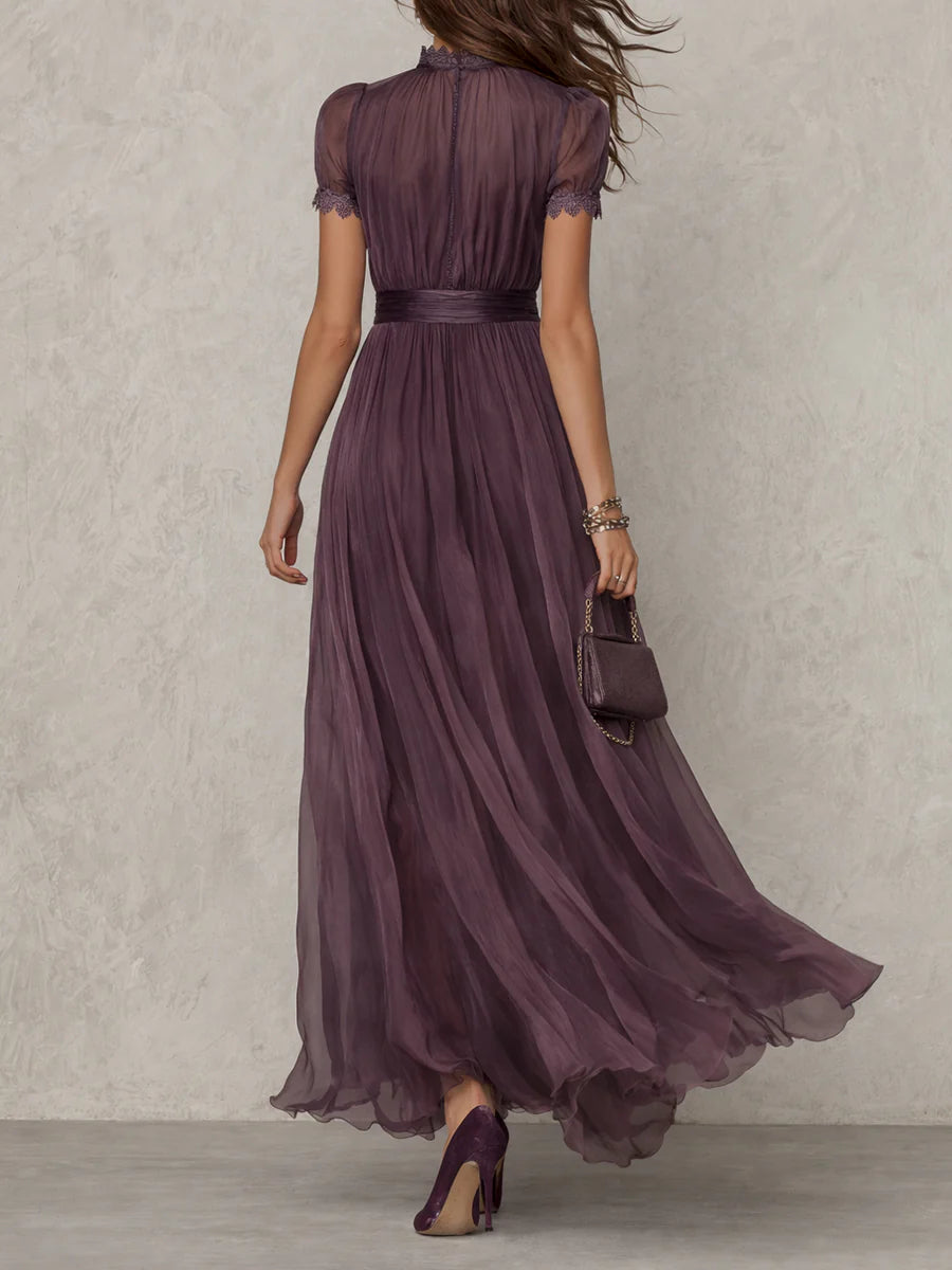 Elegant Ombre Chiffon Maxi Dress for Women with High Neck Puff Sleeve Keyhole Lace Trim Flowing Style