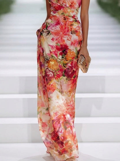 Elegant Red Floral Maxi Dress for Women with High Neck Sleeveless Ruched Column Wedding Guest Style
