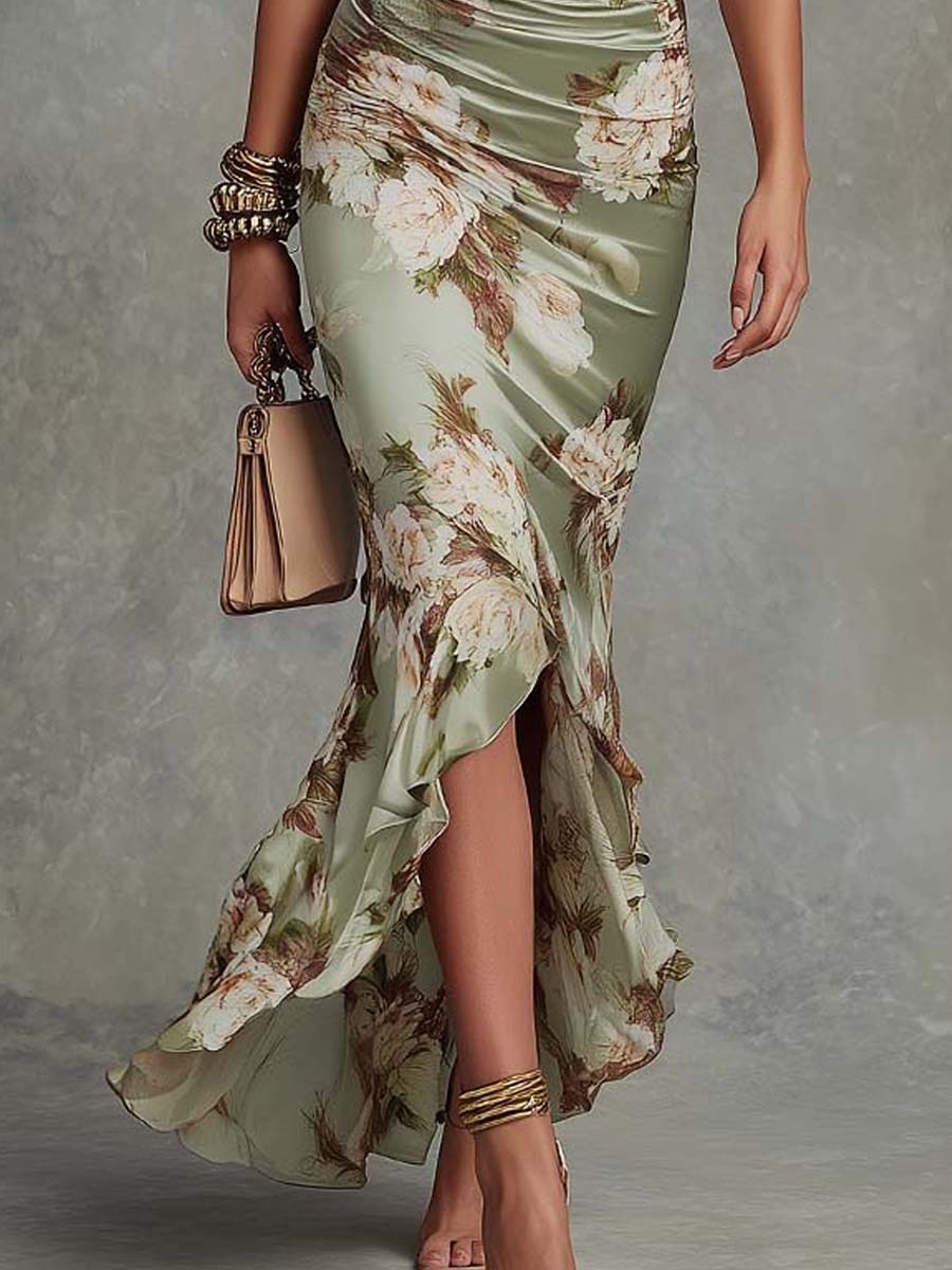 Elegant Floral Satin Maxi Dress for Women with V Neck Bell Sleeve Ruched High Low Flowing Style