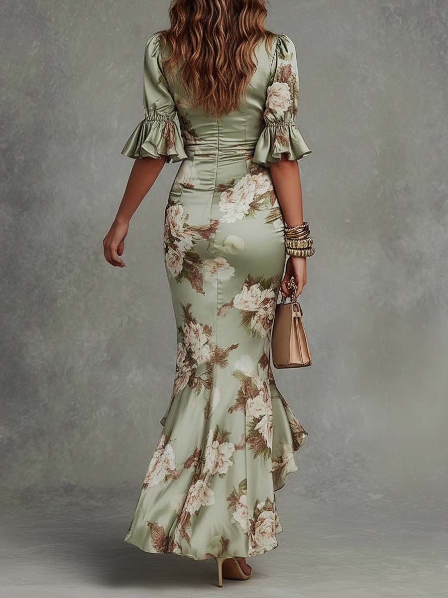 Elegant Floral Satin Maxi Dress for Women with V Neck Bell Sleeve Ruched High Low Flowing Style