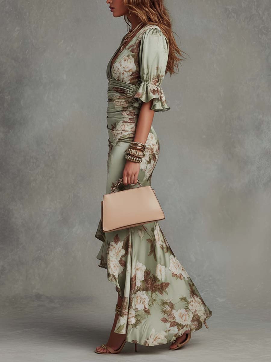 Elegant Floral Satin Maxi Dress for Women with V Neck Bell Sleeve Ruched High Low Flowing Style