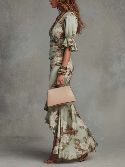 Elegant Floral Satin Maxi Dress for Women with V Neck Bell Sleeve Ruched High Low Flowing Style