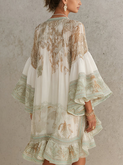 Elegant Green Printed Kaftan Mini Dress for Women with High Neck Bell Sleeve Ruffle Hem Flowing Bohemian Style