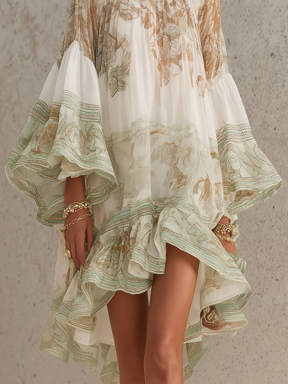 Elegant Green Printed Kaftan Mini Dress for Women with High Neck Bell Sleeve Ruffle Hem Flowing Bohemian Style