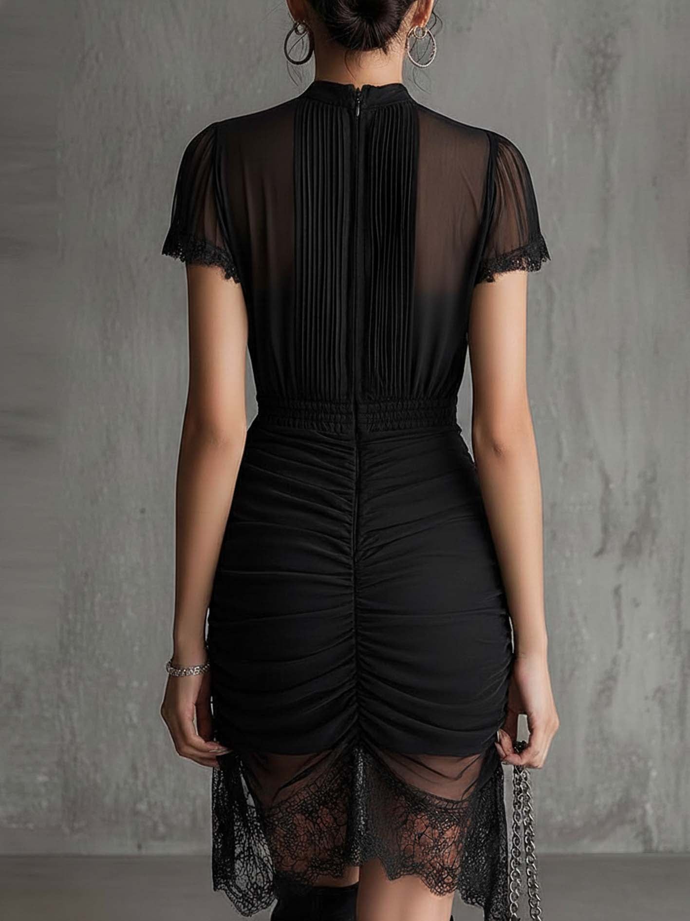 Elegant Black Mesh Midi Dress for Women with High Neck Flutter Sleeve Ruched Lace Hem Cocktail Style
