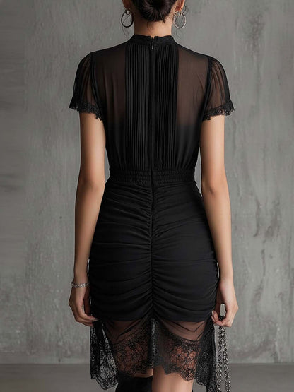 Elegant Black Mesh Midi Dress for Women with High Neck Flutter Sleeve Ruched Lace Hem Cocktail Style