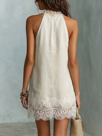Elegant Off White Linen Mini Dress for Women with Halter Neck Sleeveless Crochet Lace Trim Boho Style