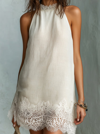 Elegant Off White Linen Mini Dress for Women with Halter Neck Sleeveless Crochet Lace Trim Boho Style
