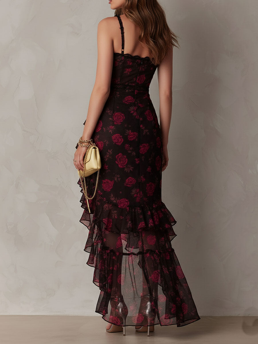 Elegant Black Floral Maxi Dress for Women with Sweetheart Neckline Spaghetti Strap Ruffle High Slit Cocktail Style