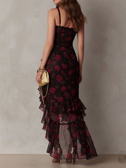 Elegant Black Floral Maxi Dress for Women with Sweetheart Neckline Spaghetti Strap Ruffle High Slit Cocktail Style