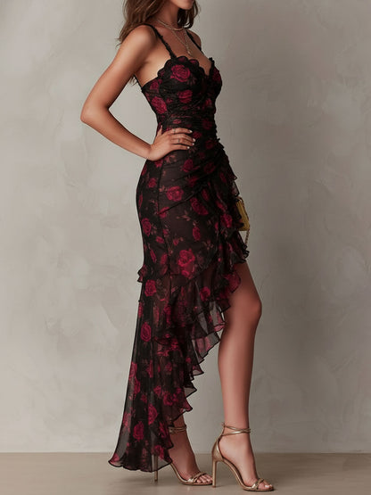 Elegant Black Floral Maxi Dress for Women with Sweetheart Neckline Spaghetti Strap Ruffle High Slit Cocktail Style
