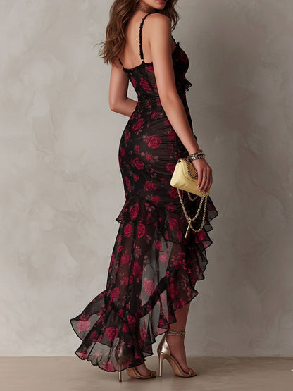 Elegant Black Floral Maxi Dress for Women with Sweetheart Neckline Spaghetti Strap Ruffle High Slit Cocktail Style