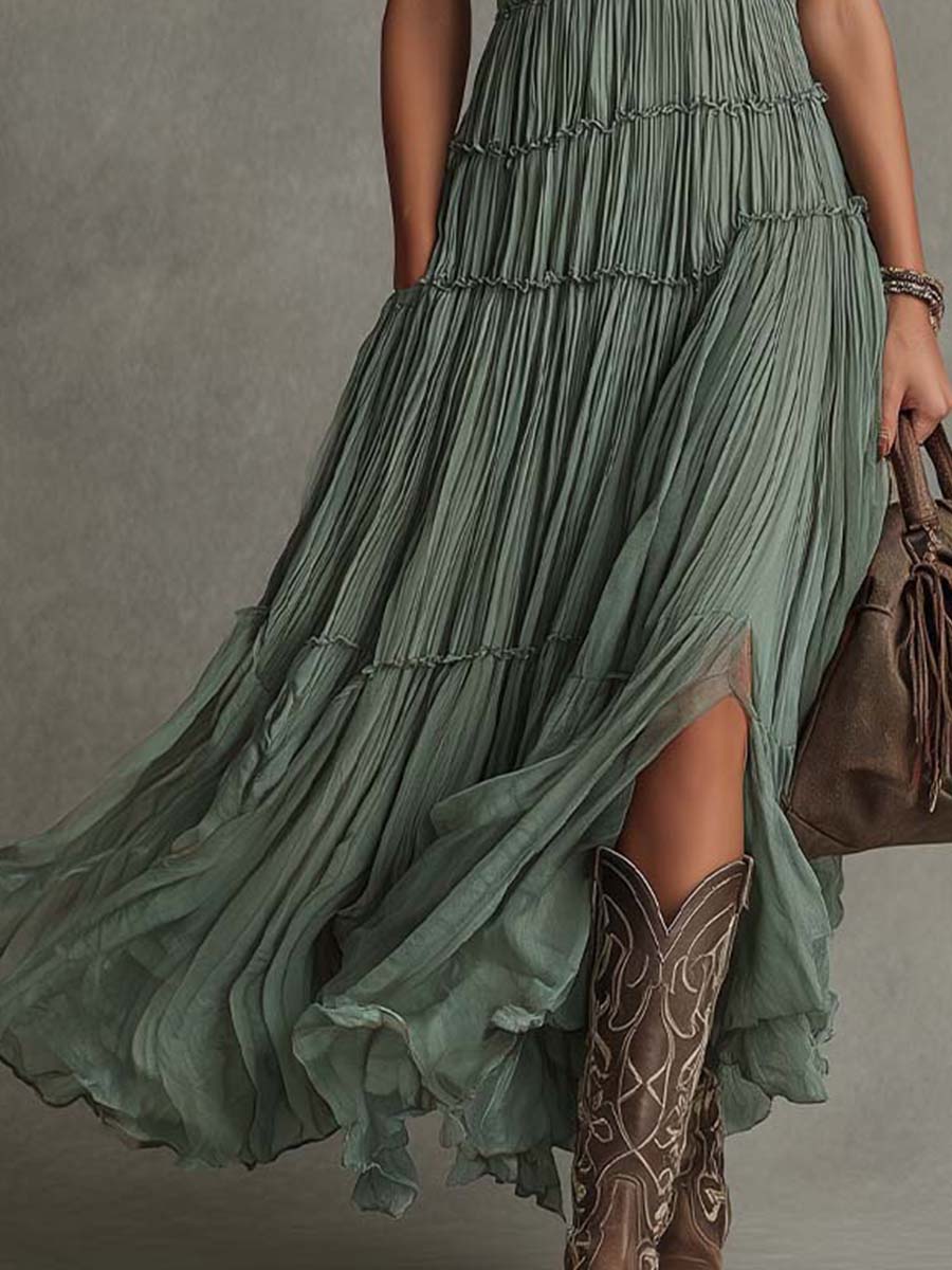 Effortless Tiered Maxi Dress for Women with V Neck Sleeveless Pleated Flowing Bohemian Style