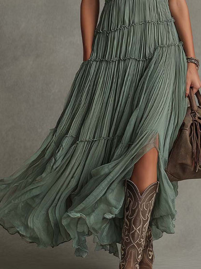 Effortless Tiered Maxi Dress for Women with V Neck Sleeveless Pleated Flowing Bohemian Style