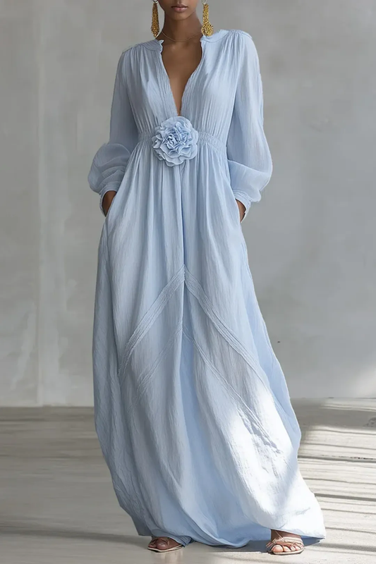 Elegant Blue Floral Maxi Dress for Women with V Neck Balloon Sleeve Flowing Bohemian Style