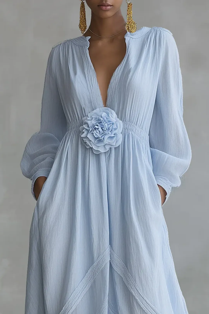 Elegant Blue Floral Maxi Dress for Women with V Neck Balloon Sleeve Flowing Bohemian Style