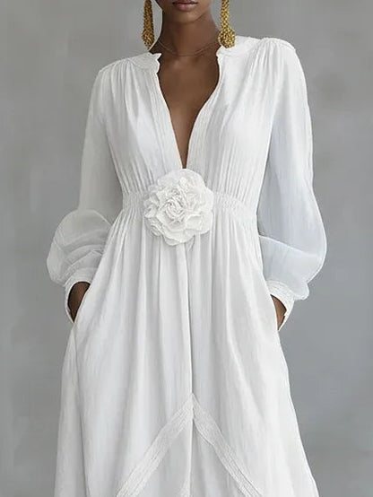 Elegant White Maxi Dress for Women with V Neck Lantern Sleeve Floral Applique Flowing Style